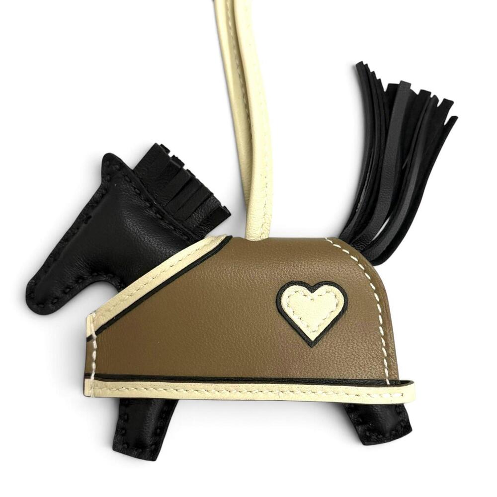 HERMES Robeo Coeur PM Leather Bag Charm, Black Etoupe Cle Rodeo, G Stamp, Mad...